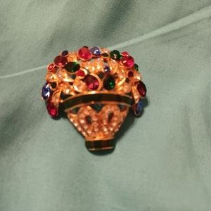 Vintage Brooch Flower Basket Multi Colored Rhinestones